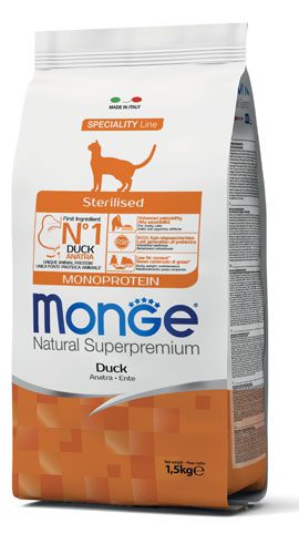 monge_gatto_secco_sterilised_monoprotein_anatra Monge Gatos Monoprotein Sterilised Duck 1.5 Kg