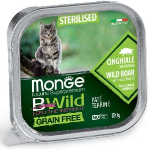 monge_gatto_umido_bwild_paté_terrine_cinghiale_con_ortaggi_sterilised Monge Bwild Gatos Pate Castrado Wild Jabalí & Vegetables 100 gr
